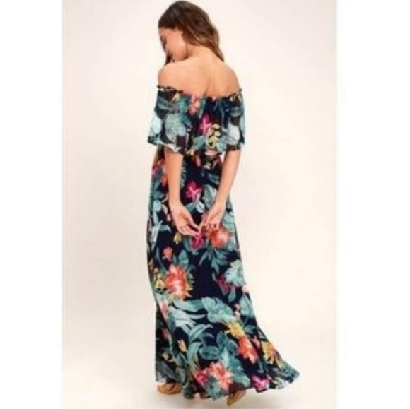 Lulus Infinite Love Floral Tropical Print Off Shoulder Ruffle Maxi Dress XS NWT - Picture 6 of 8